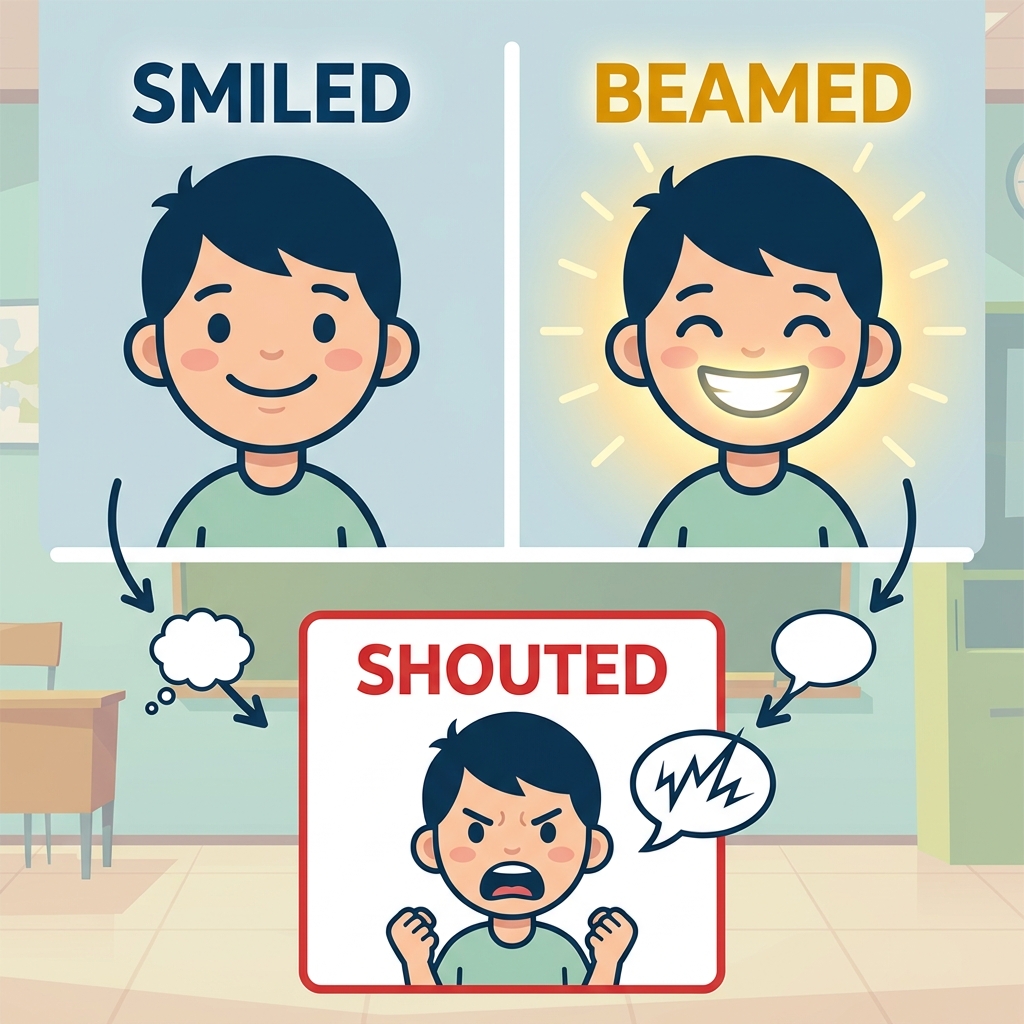In a story, if a character is happy, saying they smiled is good, but saying they beamed shows a bright, wide smile. If they.