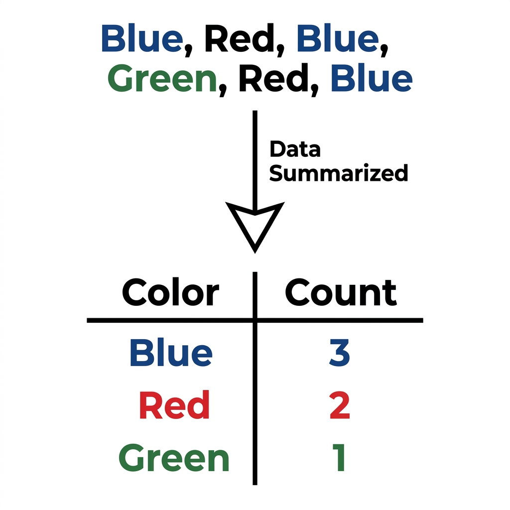 Another example is a frequency table. It lists items and their counts, like a list of favorite colors and how many people.