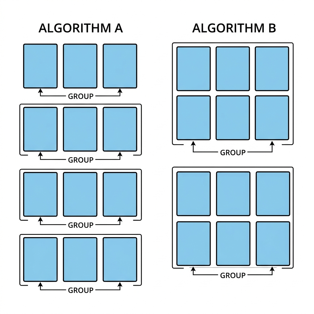 Algorithm A is more detailed because it puts cards into four groups. Algorithm B is faster because it only makes two groups.