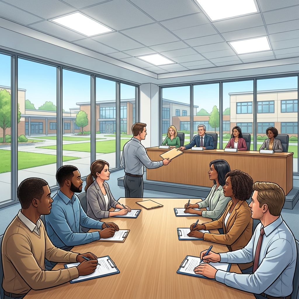 When a school needs to hire a new principal, a committee of teachers and parents interviews the top candidates and makes a.
