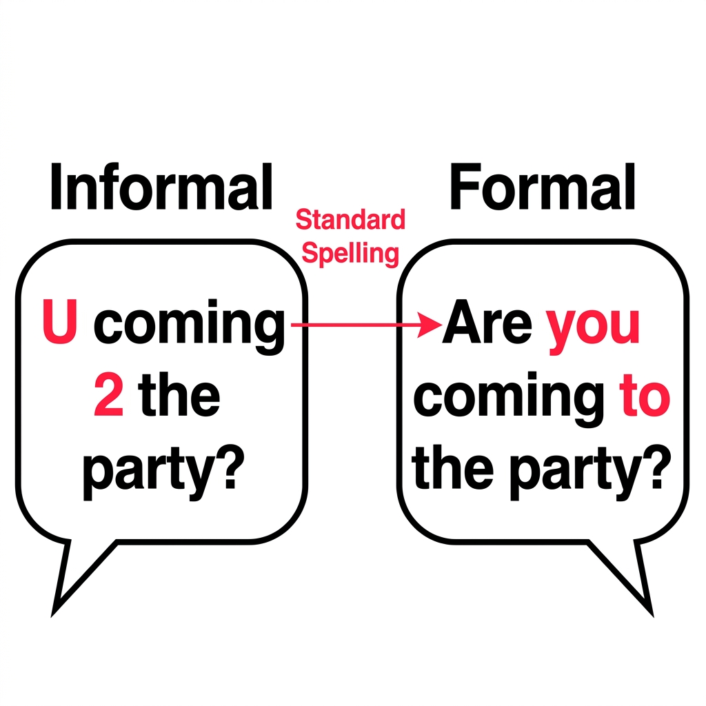 Texting a friend is a common example of informal language. When a text message uses abbreviations like 'U' for 'you' or '2'.