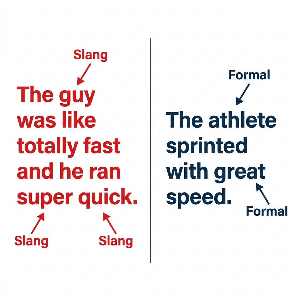 A non-example is: 'The guy was like totally fast and he ran super quick.' This uses slang like 'guy' and 'super quick.' A.