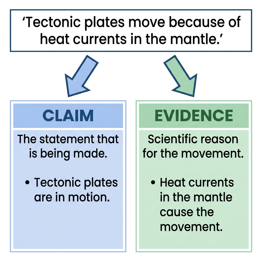 A geology textbook states, 'Tectonic plates move because of heat currents in the mantle.' This is a claim. The evidence is.