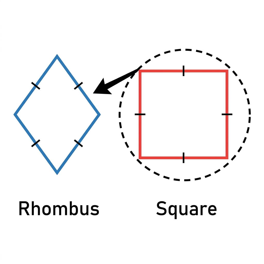 Here is a rhombus. A rhombus is a quadrilateral with 4 equal sides. A square is also a rhombus because it has 4 equal sides.