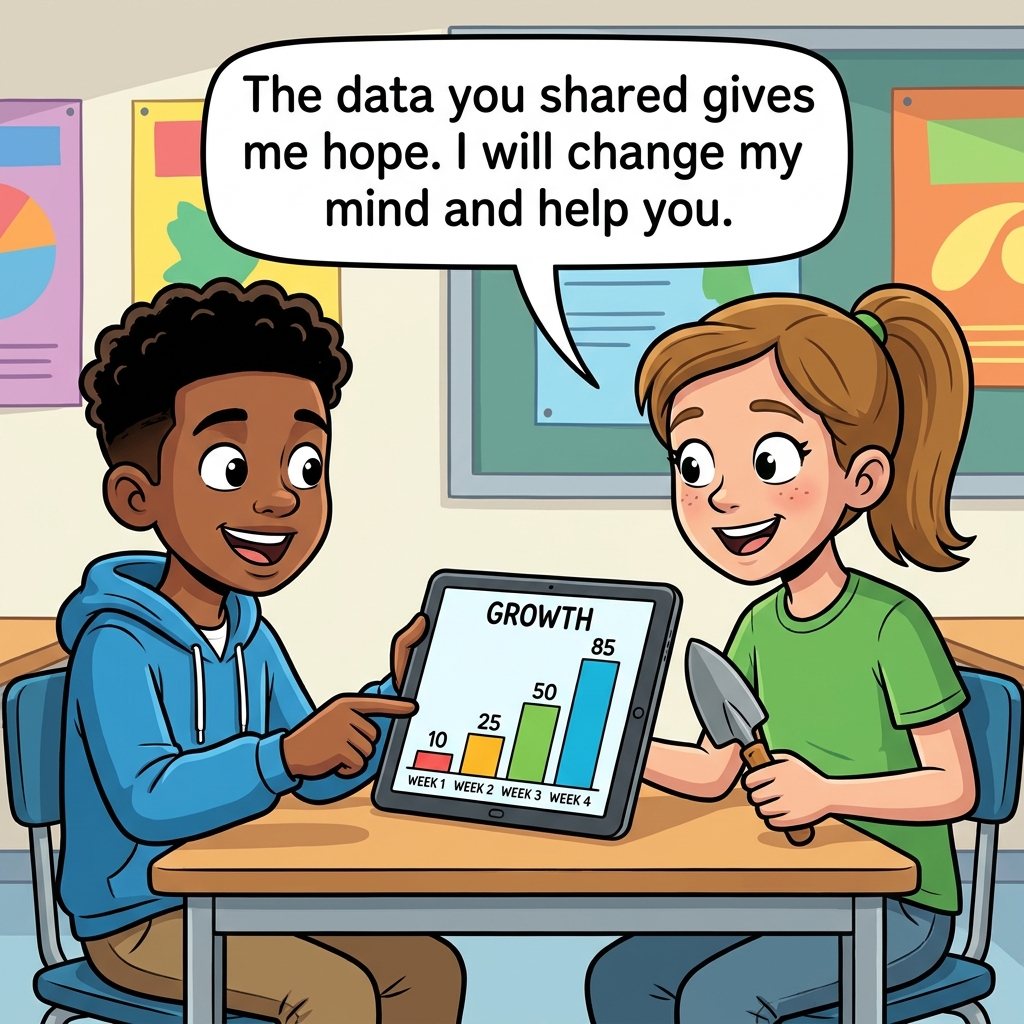 Example two: A student says, 'I was sure the project would fail, but the data you shared about similar projects succeeding.