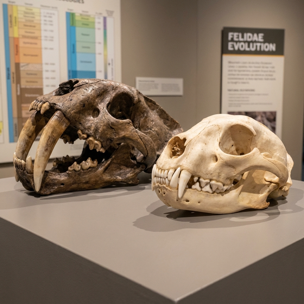 The extinct Smilodon, or saber-toothed cat, has a skeleton that is very similar to the modern mountain lion. By comparing.