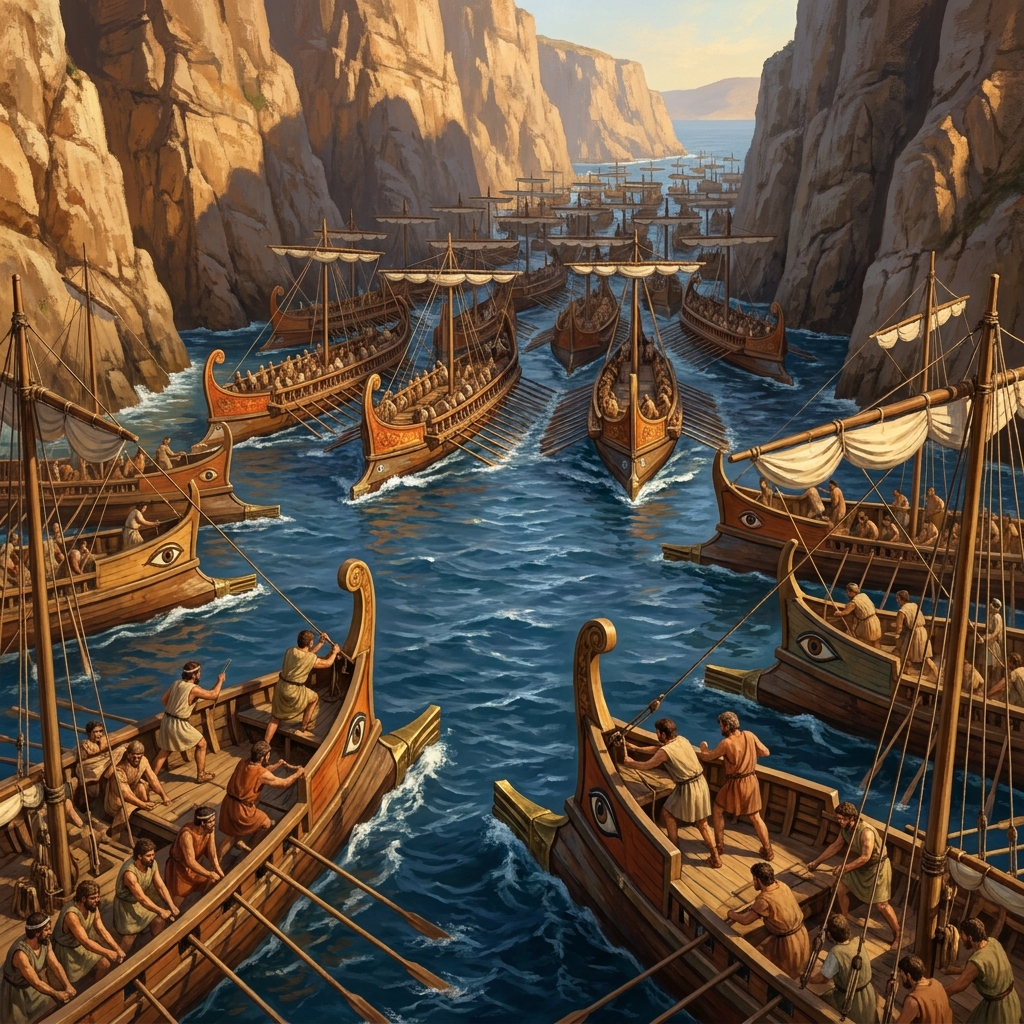 At the Battle of Salamis, Athens used its powerful navy to trap the Persian ships in a narrow channel. This naval strategy.