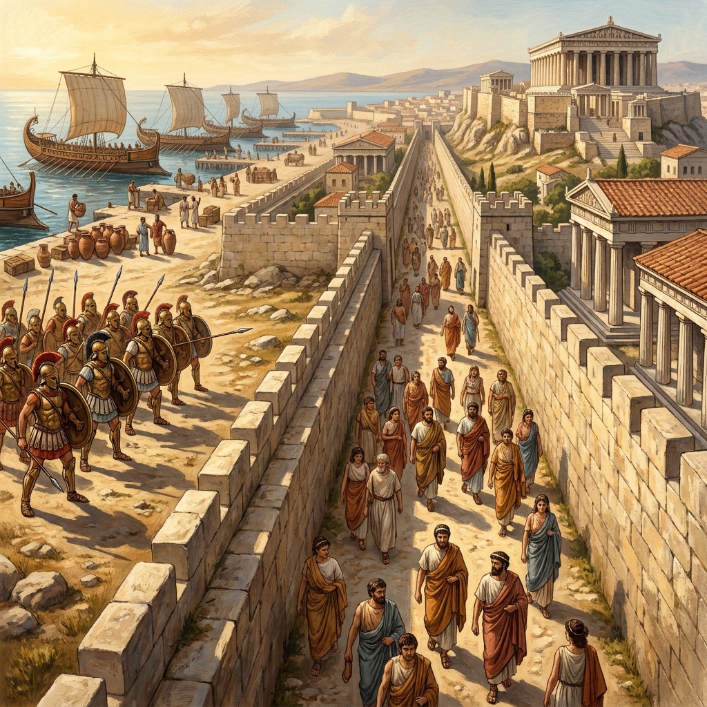 The Long Walls were two massive walls that connected Athens to its port. This allowed Athens to stay supplied by sea even if.