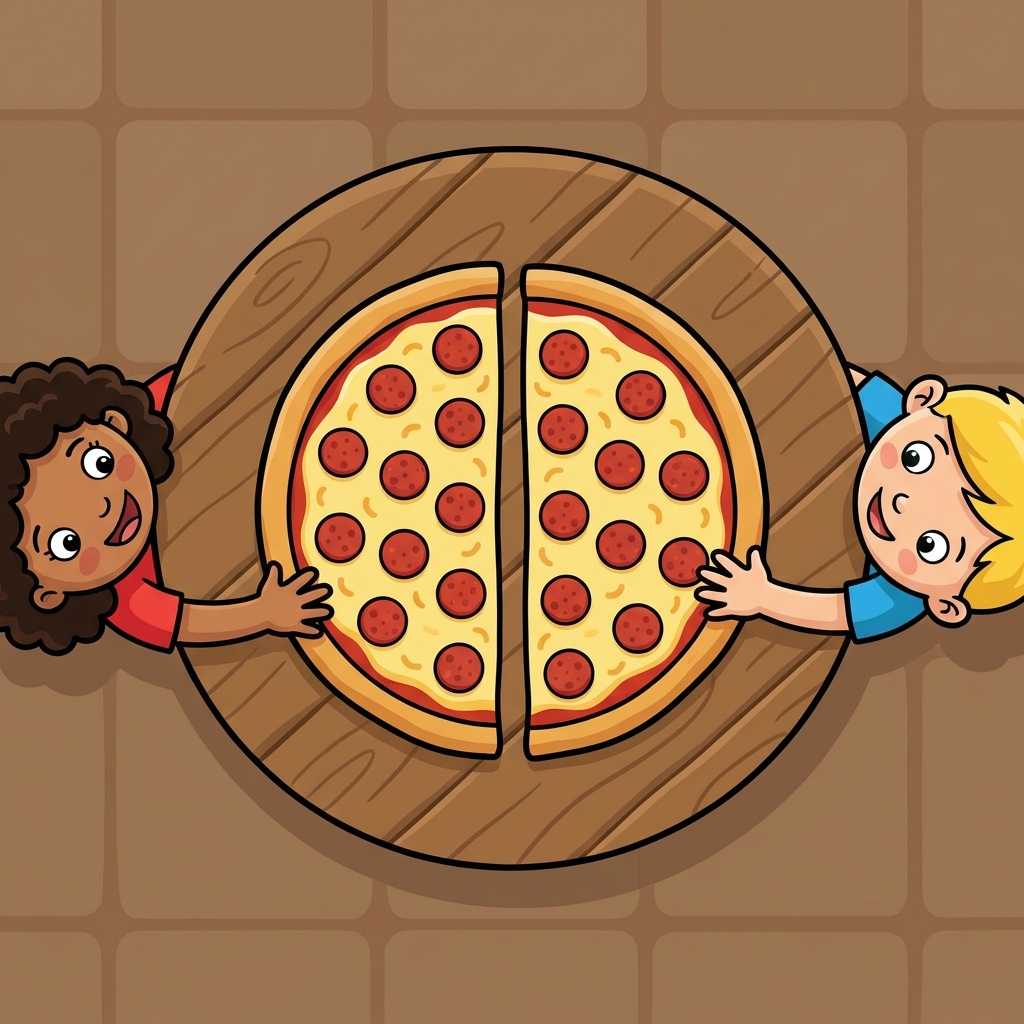 Now let's think about sharing a single pizza between two friends. If one friend gets 1/2 of the pizza and the other gets 1/2.