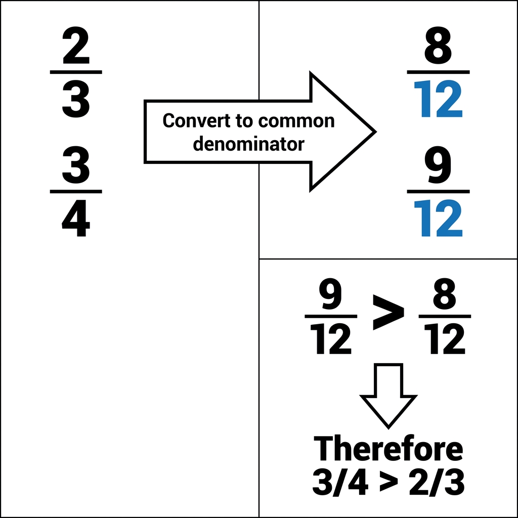 Another way to see this is to find a common denominator. 2/3 is the same as 8/12, and 3/4 is the same as 9/12. Since 9 is.