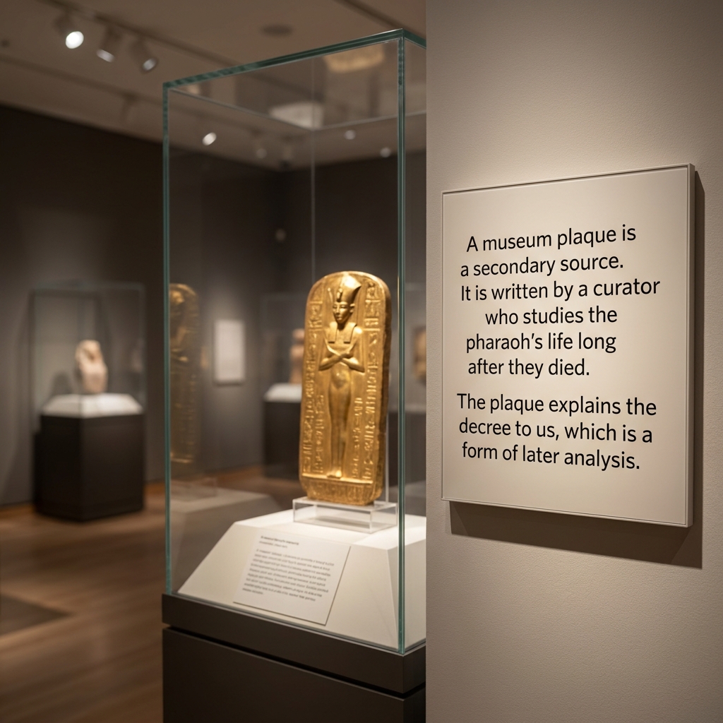 A museum plaque is a secondary source. It is written by a curator who studies the pharaoh's life long after they died. The.