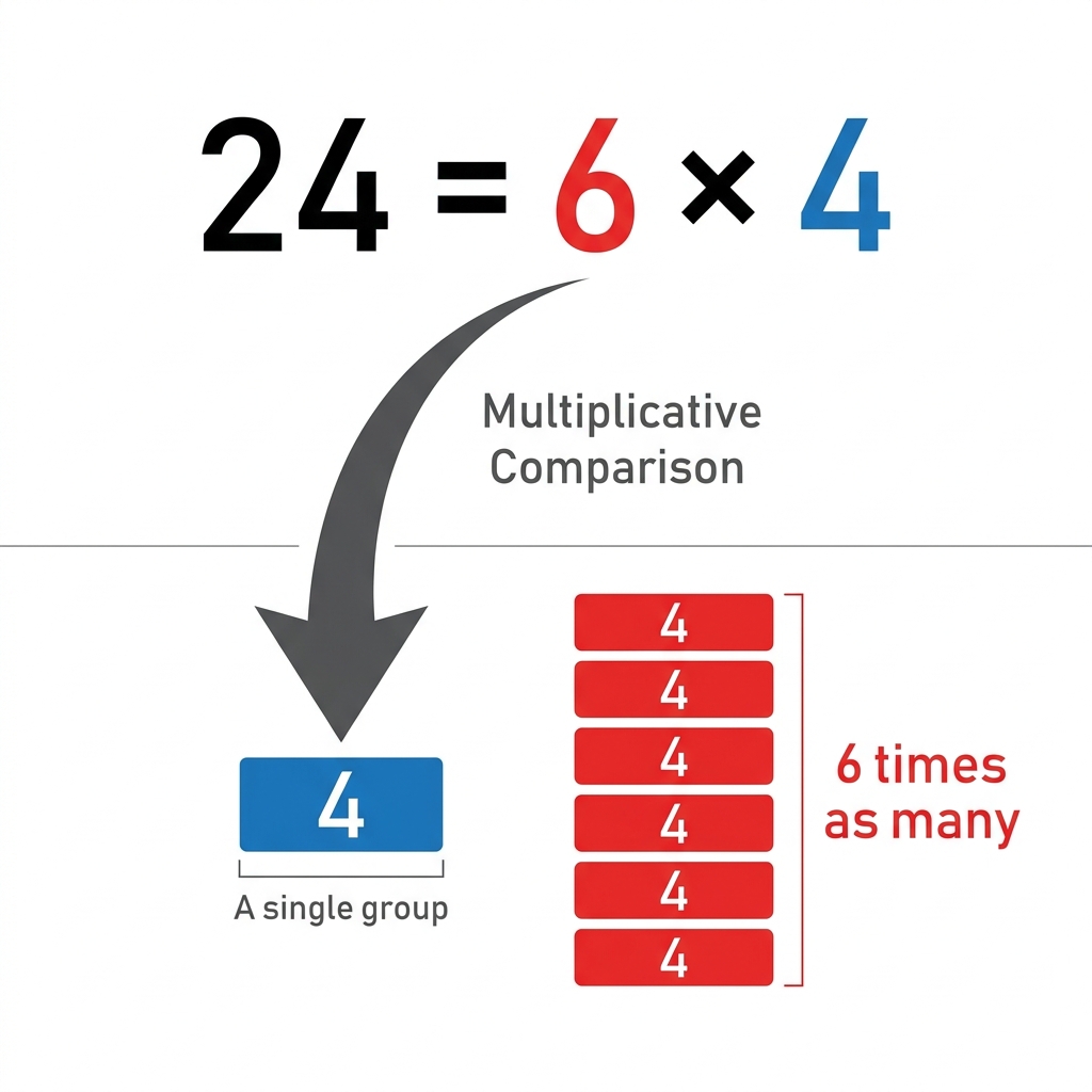 The equation 24 = 6 times 4 shows that 24 is 6 times as many as 4. This is a multiplicative comparison because it describes.