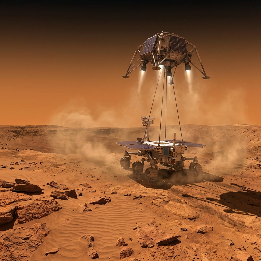 A NASA animation shows a rover landing on Mars. A technical manual explains the navigation software. The animation shows the.