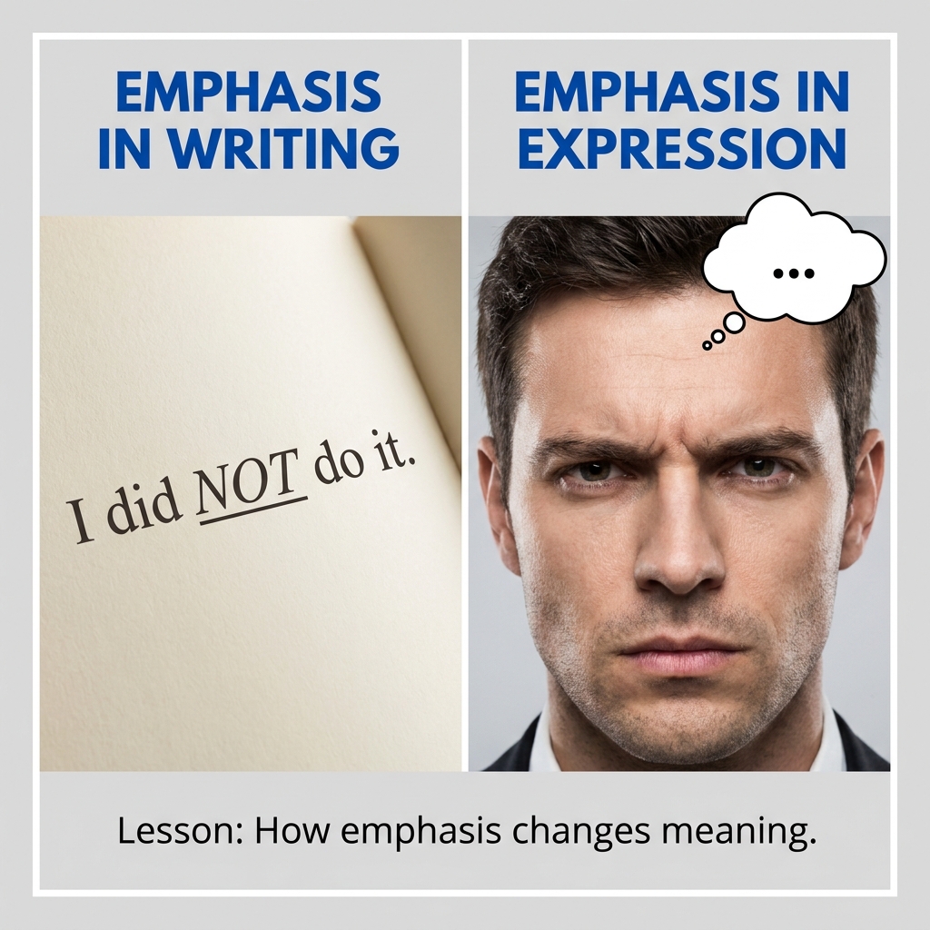 Example 1: In a book, the author uses italics to show emphasis, like saying, 'I did NOT do it.' In a film, the actor uses a.