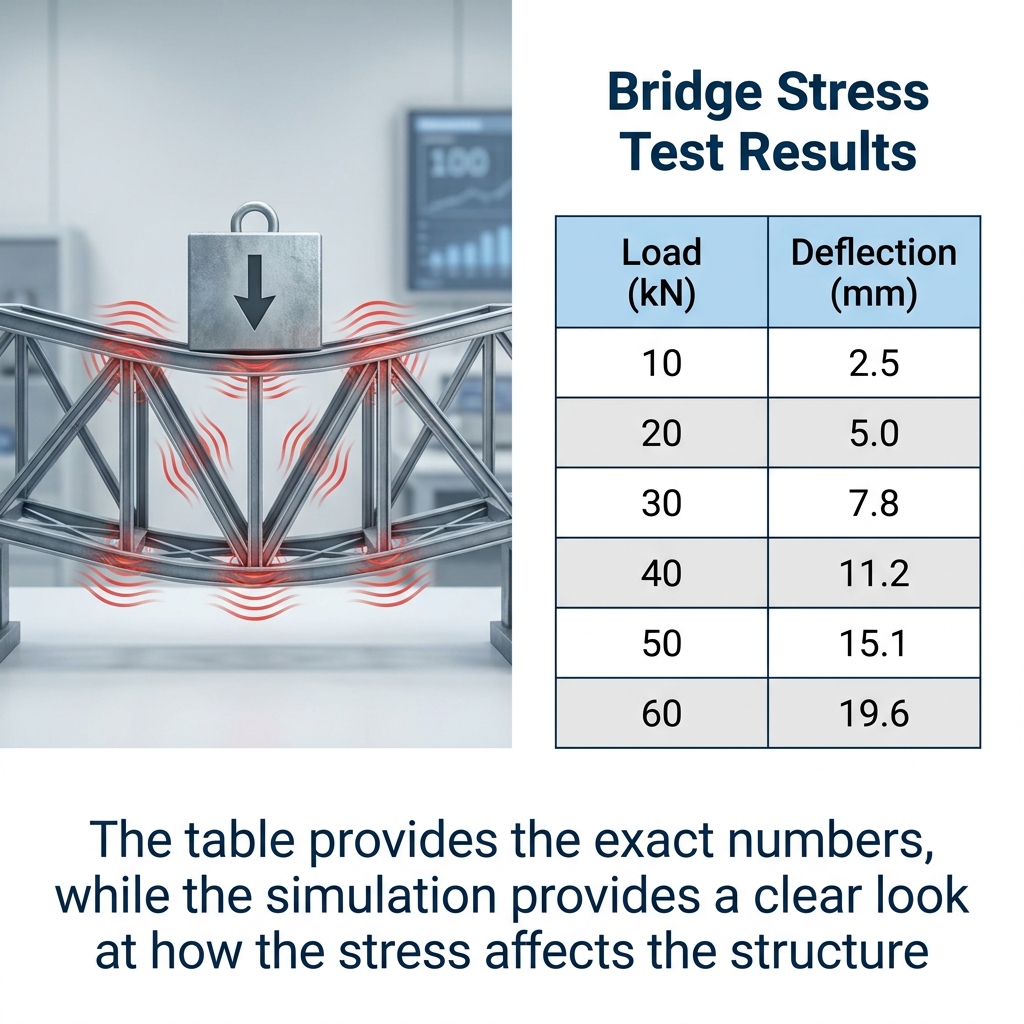 A report on bridge structural integrity uses data tables to show stress test results. A simulation shows the bridge bending.