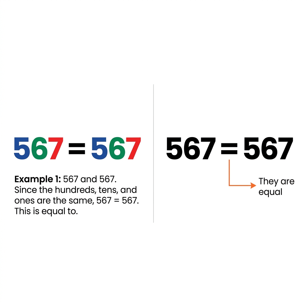 Example 1: 567 and 567. Since the hundreds, tens, and ones are the same, 567 = 567. This is equal to.