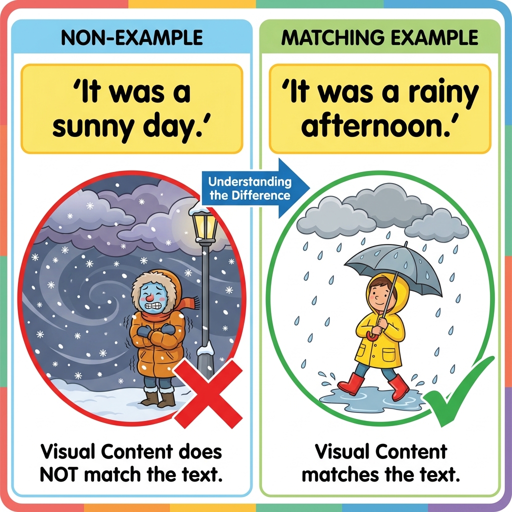 When a story says, 'It was a sunny day,' but an illustration shows a blizzard, that is a non-example. It does not match.