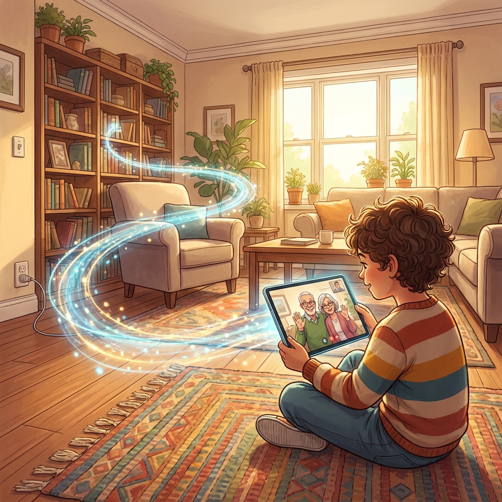 A video call connects grandparents in another state to a child using a tablet. The internet acts as the path for the video.