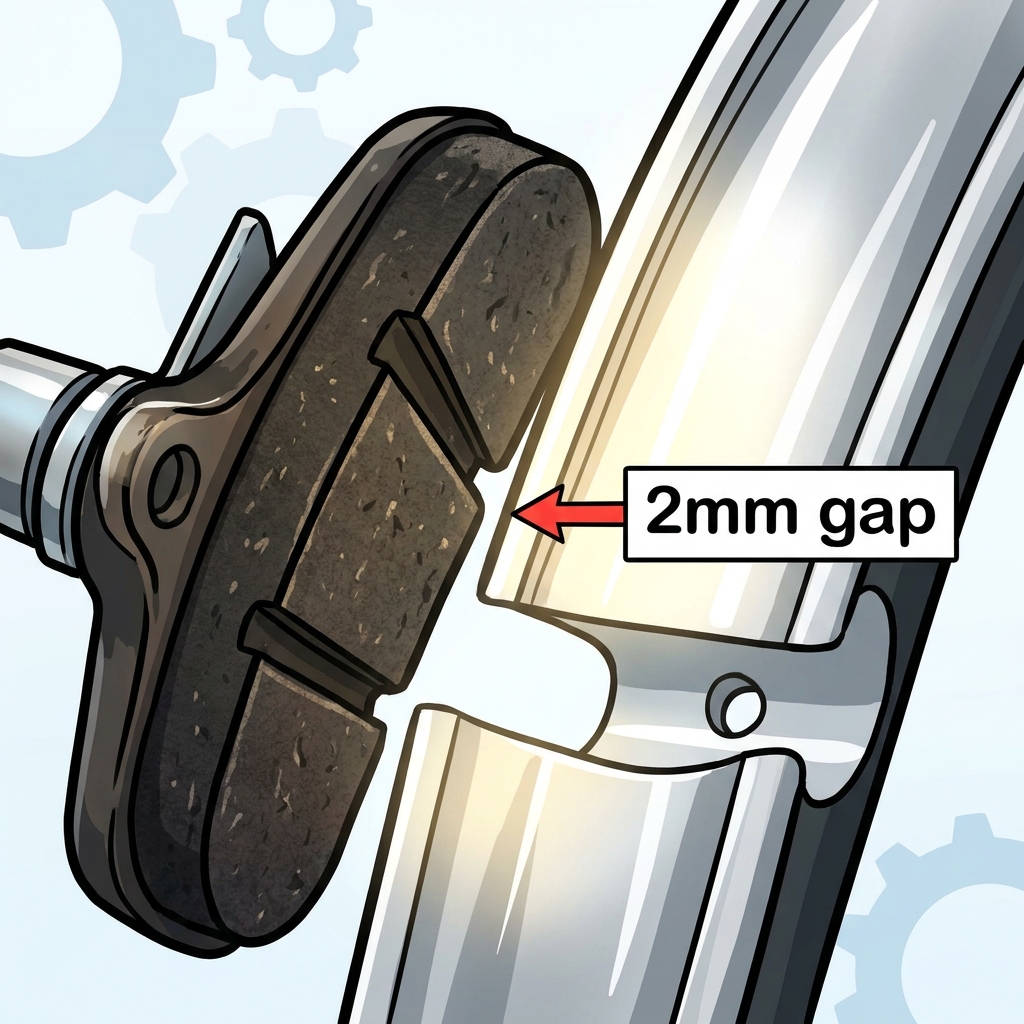 A bicycle brake manual uses text to explain that the brake pad must be 2 millimeters from the rim. The physical design of.