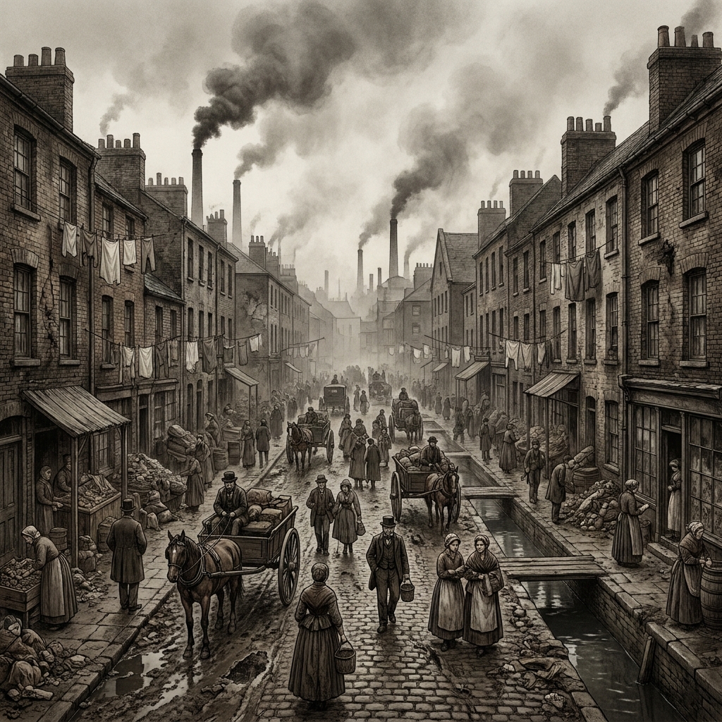 Example 1: 'The Industrial Revolution caused massive urbanization, which directly led to the decline of public health in.