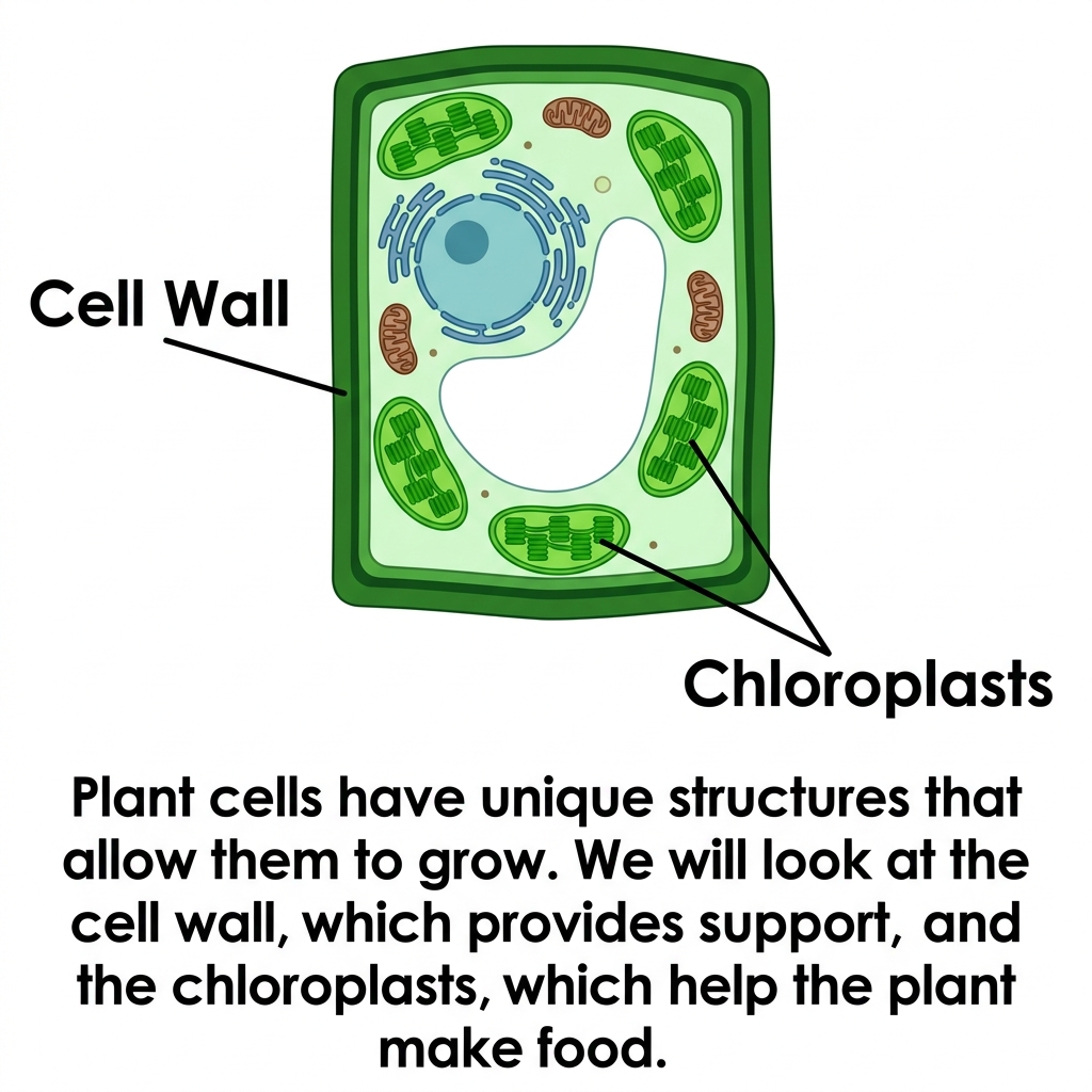Example 2: 'Plant cells have unique structures that allow them to grow. We will look at the cell wall, which provides.