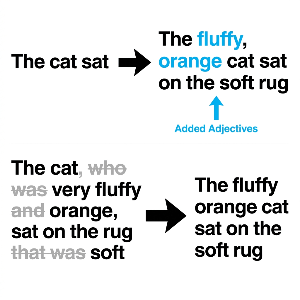 We can expand a sentence by adding adjectives. 'The cat sat' becomes 'The fluffy, orange cat sat on the soft rug.' This adds.