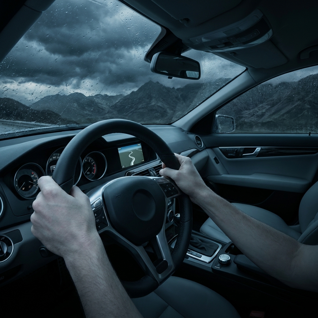 Example 1: 'I gripped the steering wheel, my knuckles white, as the storm clouds gathered over the mountain pass.' This.