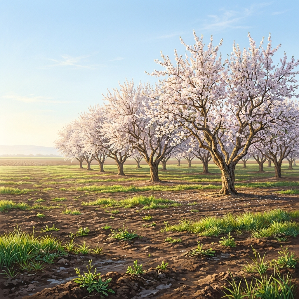 In California's Central Valley, almond trees bloom in early spring when temperatures begin to rise. This bloom is timed to.