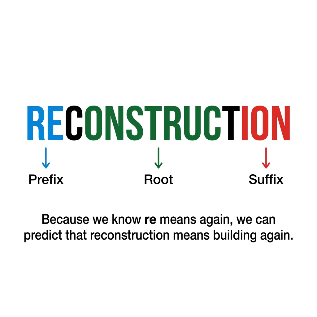 Let's look at the word reconstruction. We can label this as re, which is the prefix, construct, which is the root, and ion.