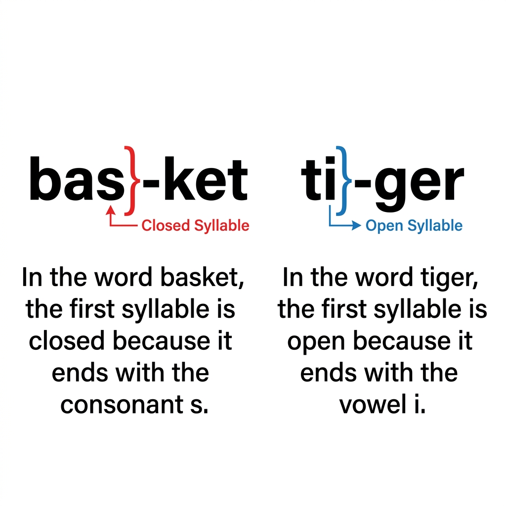 In the word basket, the first syllable is closed because it ends with the consonant 's'. In the word tiger, the first.