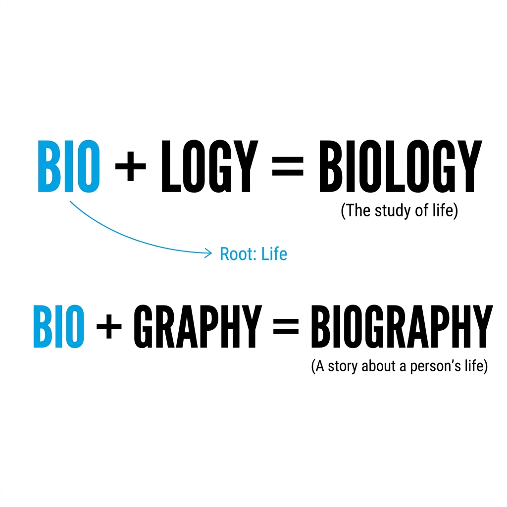 The root bio means life. Biology is the study of life, and a biography is a story about a person's life. Both words use the.
