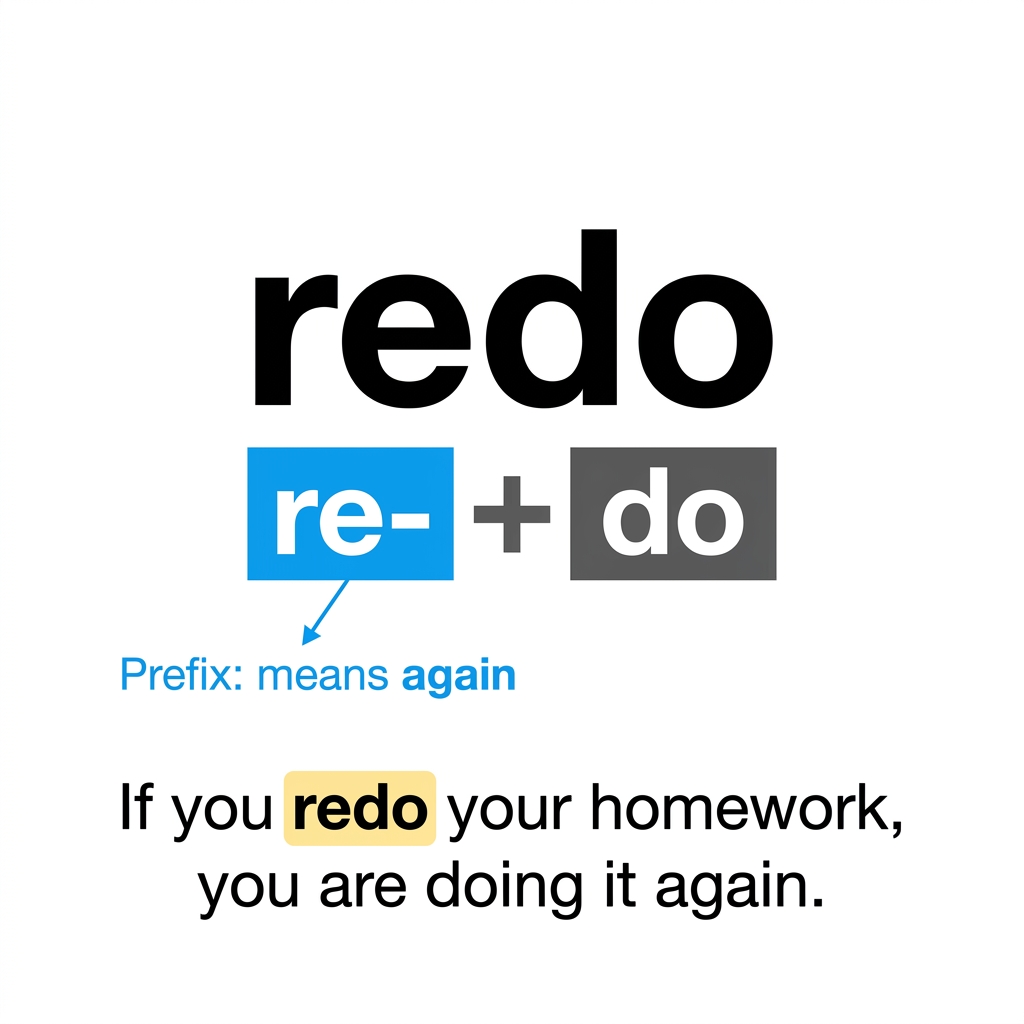 Think about the word redo. If you redo your homework, you are doing it again. The prefix re- is a great clue for.