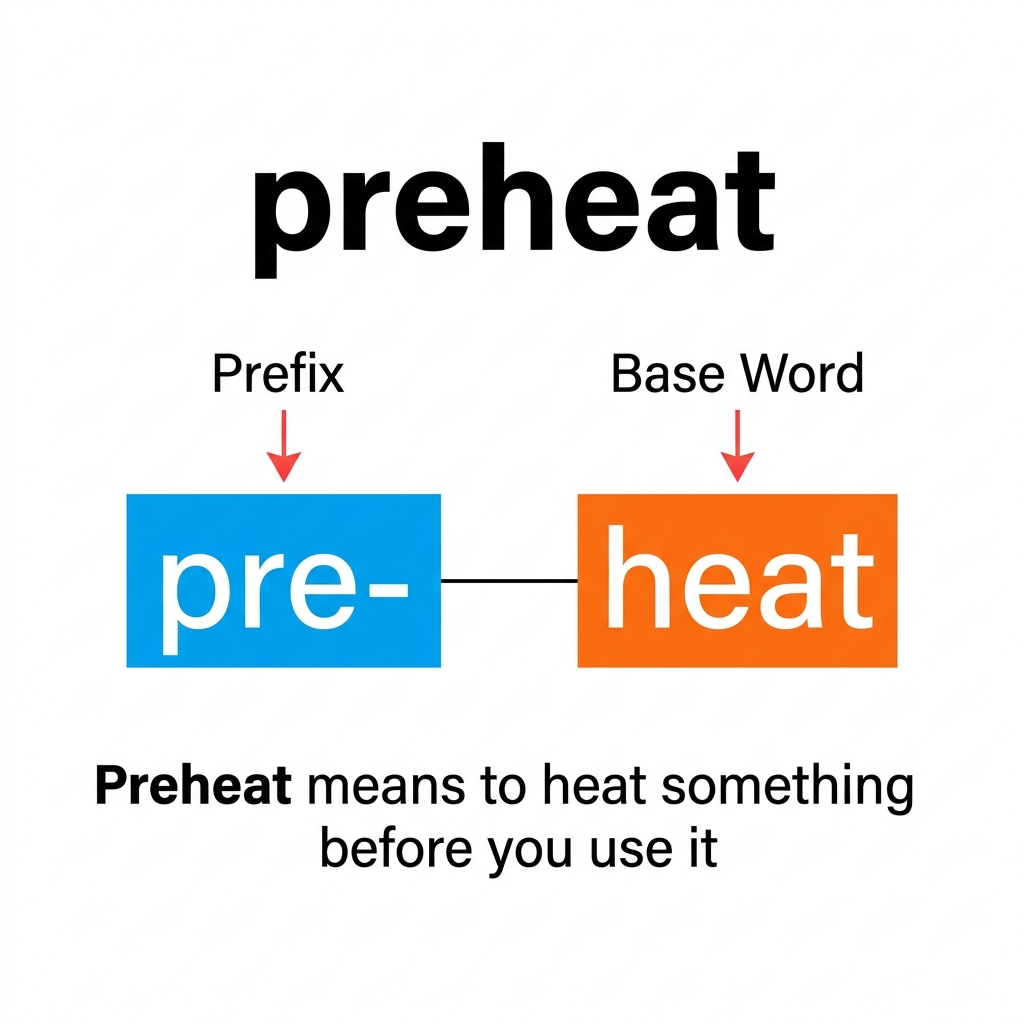 In the word preheat, we see the prefix pre- and the base word heat. Preheat means to heat something before you use it. This.