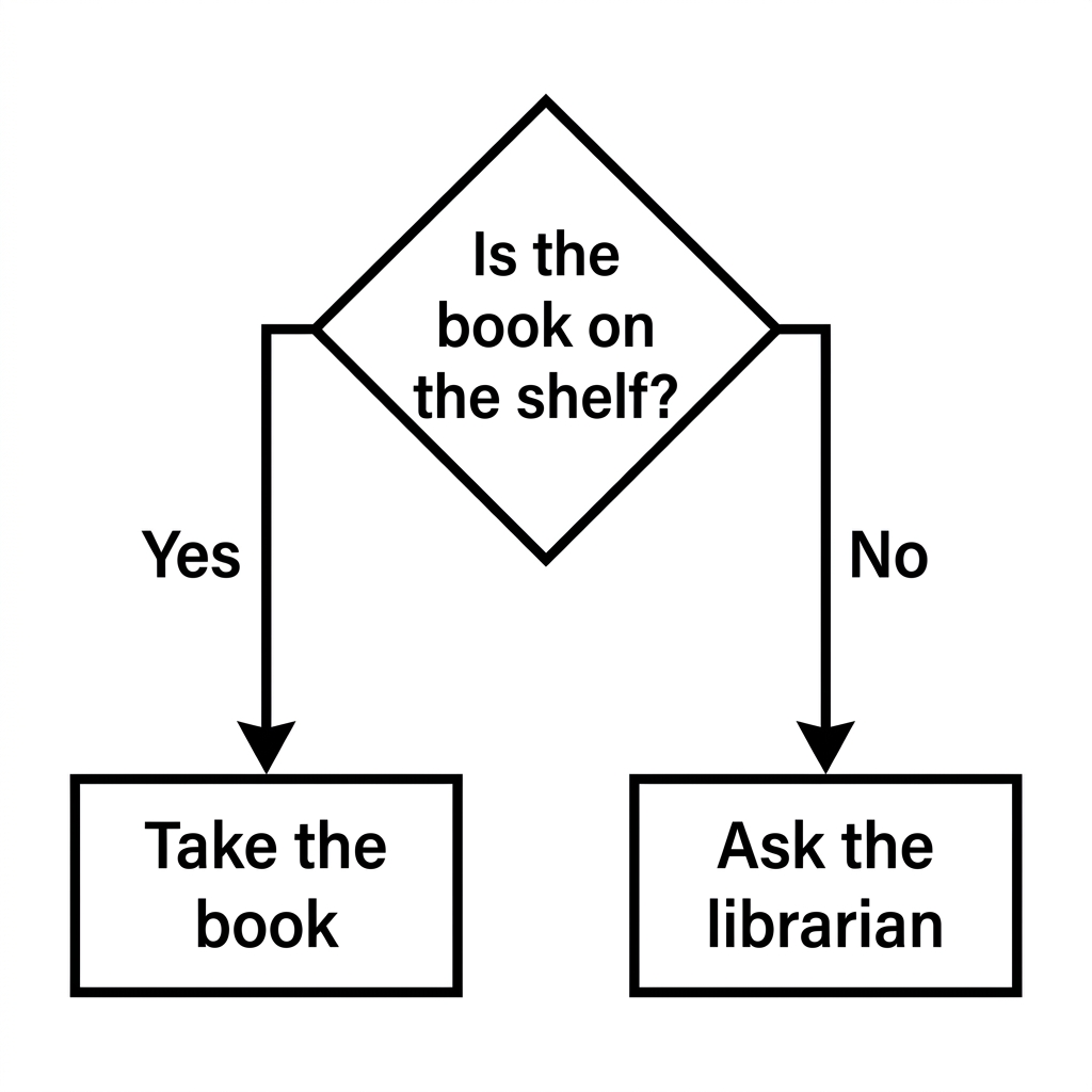 A library search algorithm might first ask a decision question, like 'Is the book on the shelf?' If the answer is yes, the.