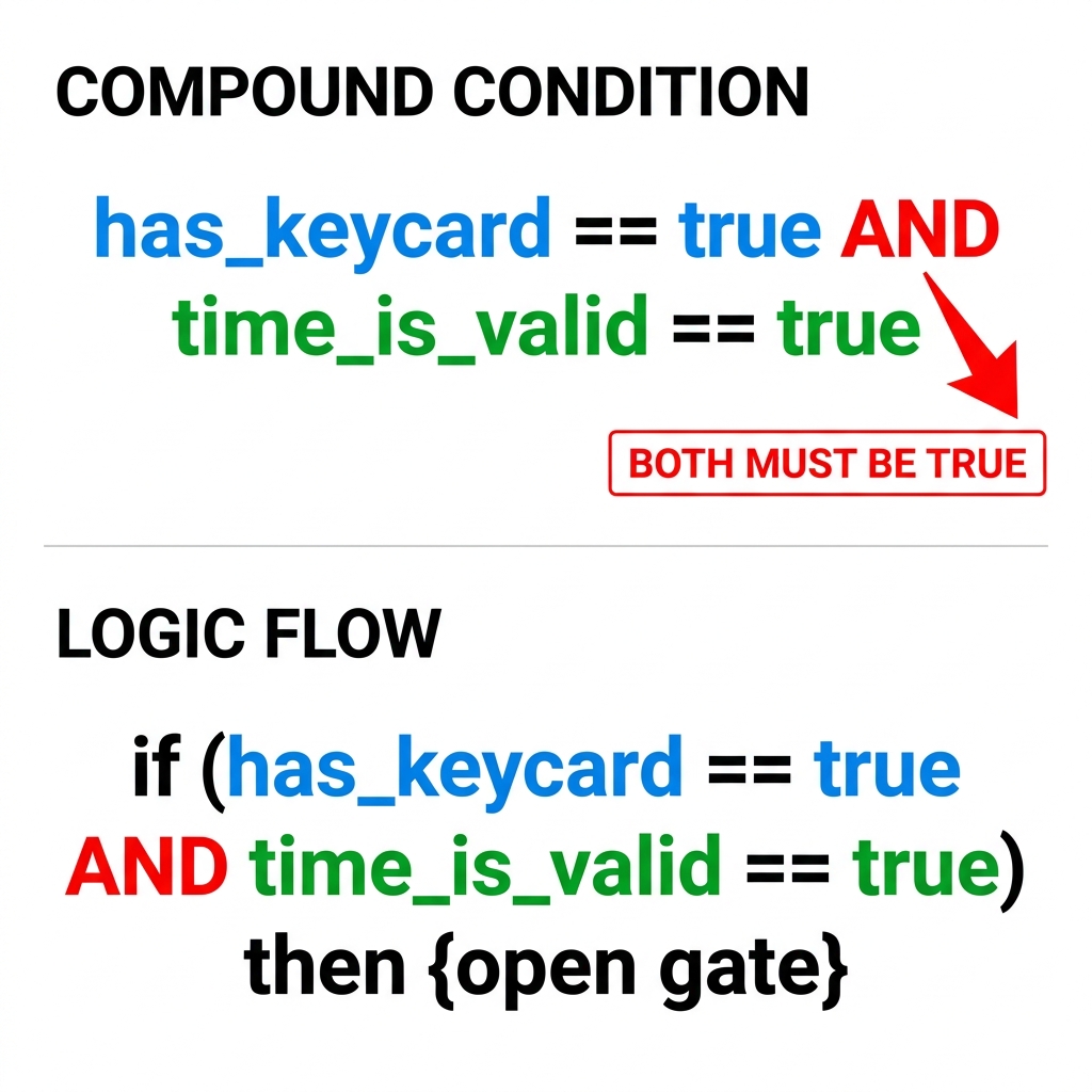 An automated gate opens if the user has a keycard AND is within business hours. If (has_keycard == true AND time_is_valid ==.