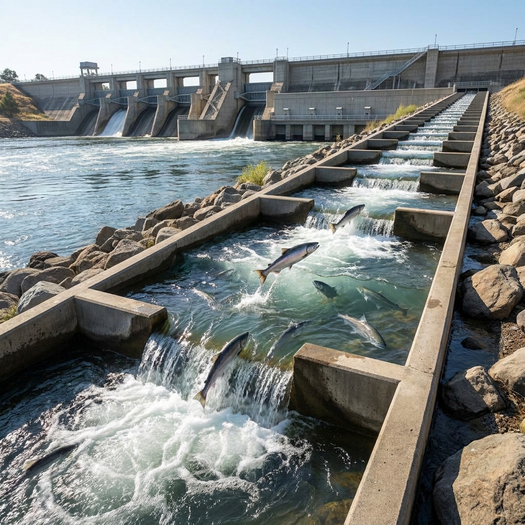 Salmon in the Sacramento River often face barriers like dams. Engineers design fish ladders, which are stepped pools that.