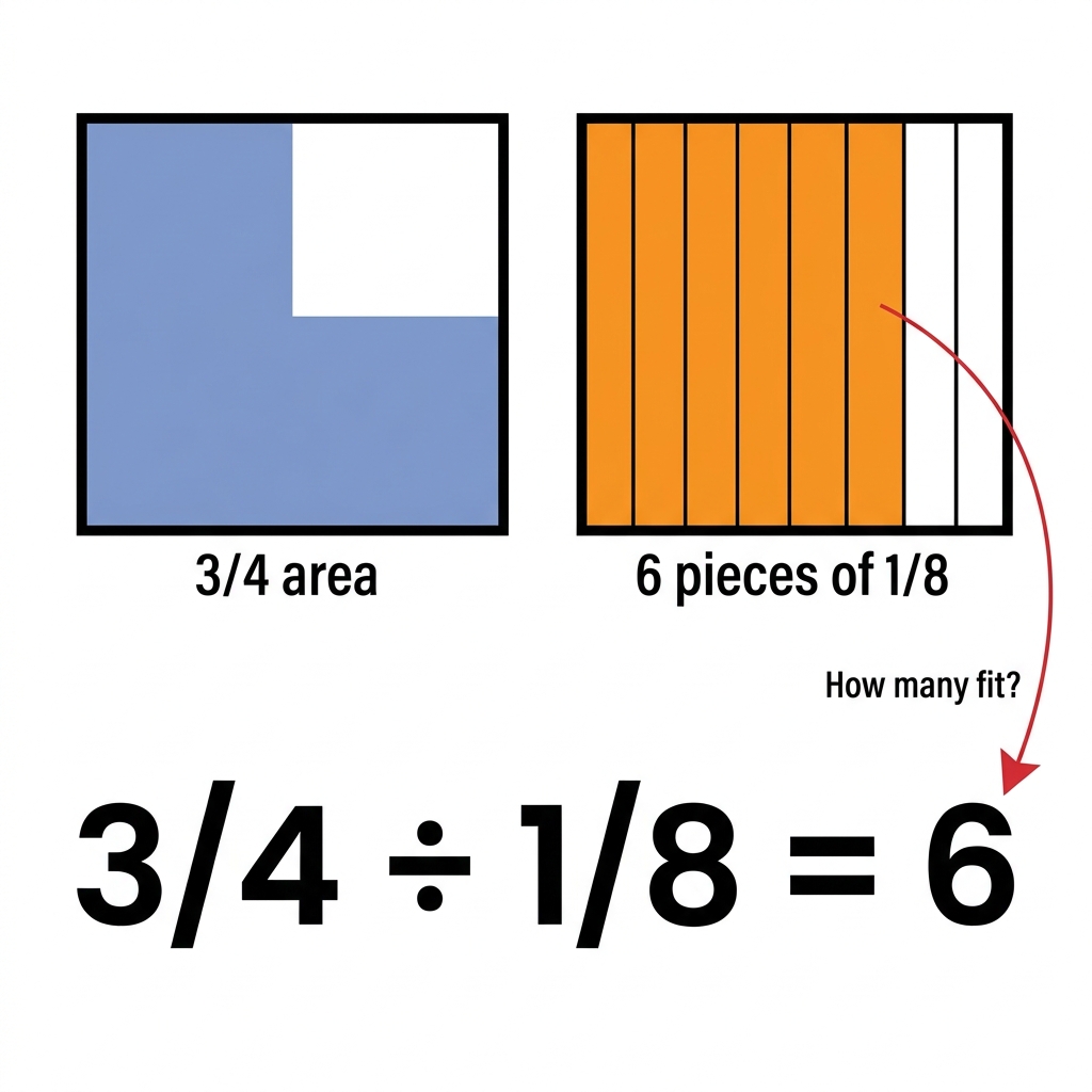 In that same square, we can see that 6 of the 1/8 pieces fit into the 3/4 area. So 3/4 divided by 1/8 equals 6.