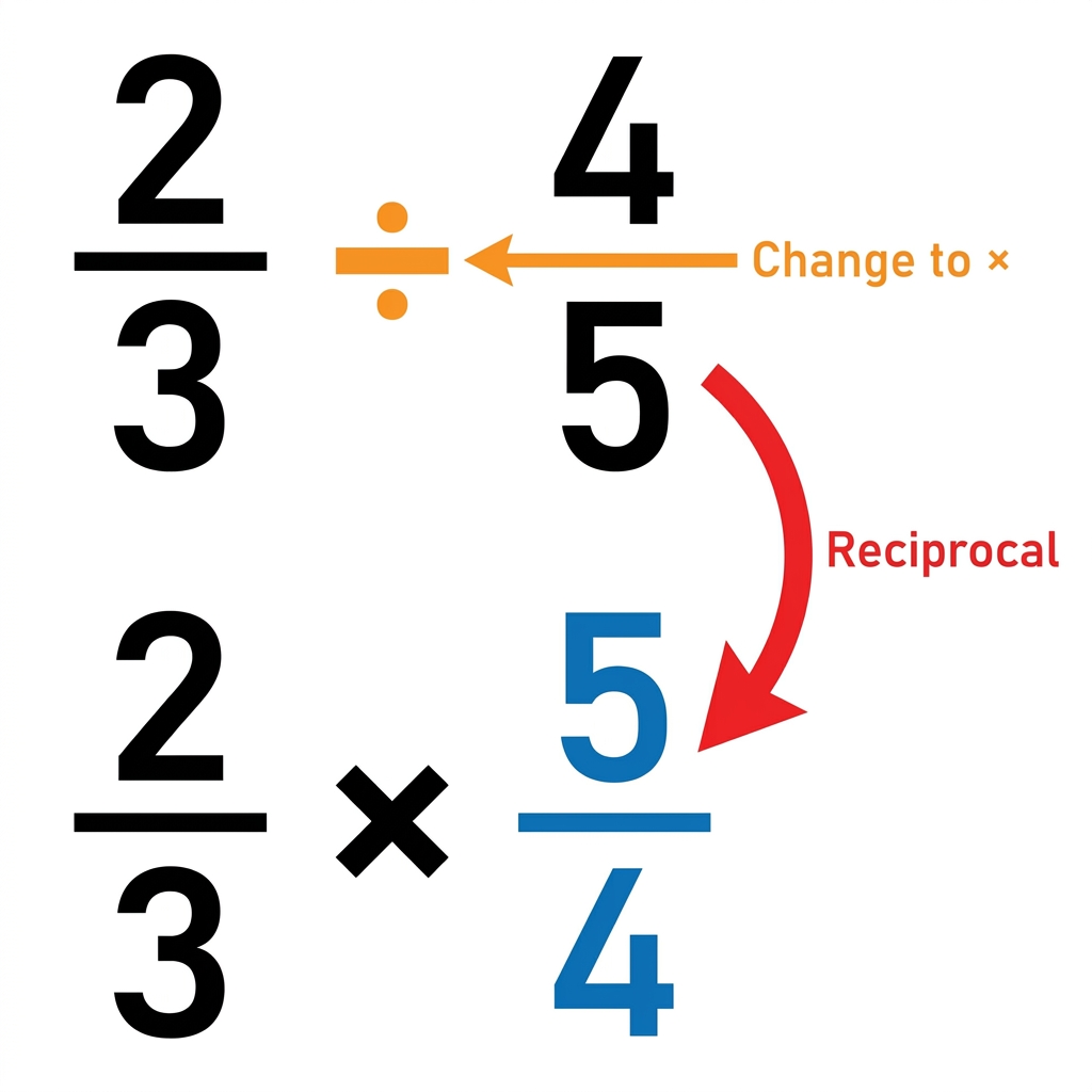 To calculate 2/3 divided by 4/5, we use the reciprocal method. We keep 2/3, change division to multiplication, and flip 4/5.