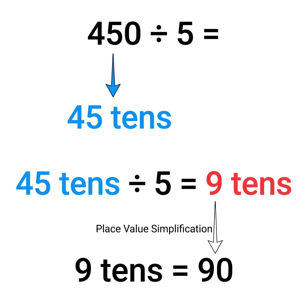 Division problems can be solved by using place value to simplify the numbers. For 450 divided by 5, dividing 45 tens by 5.