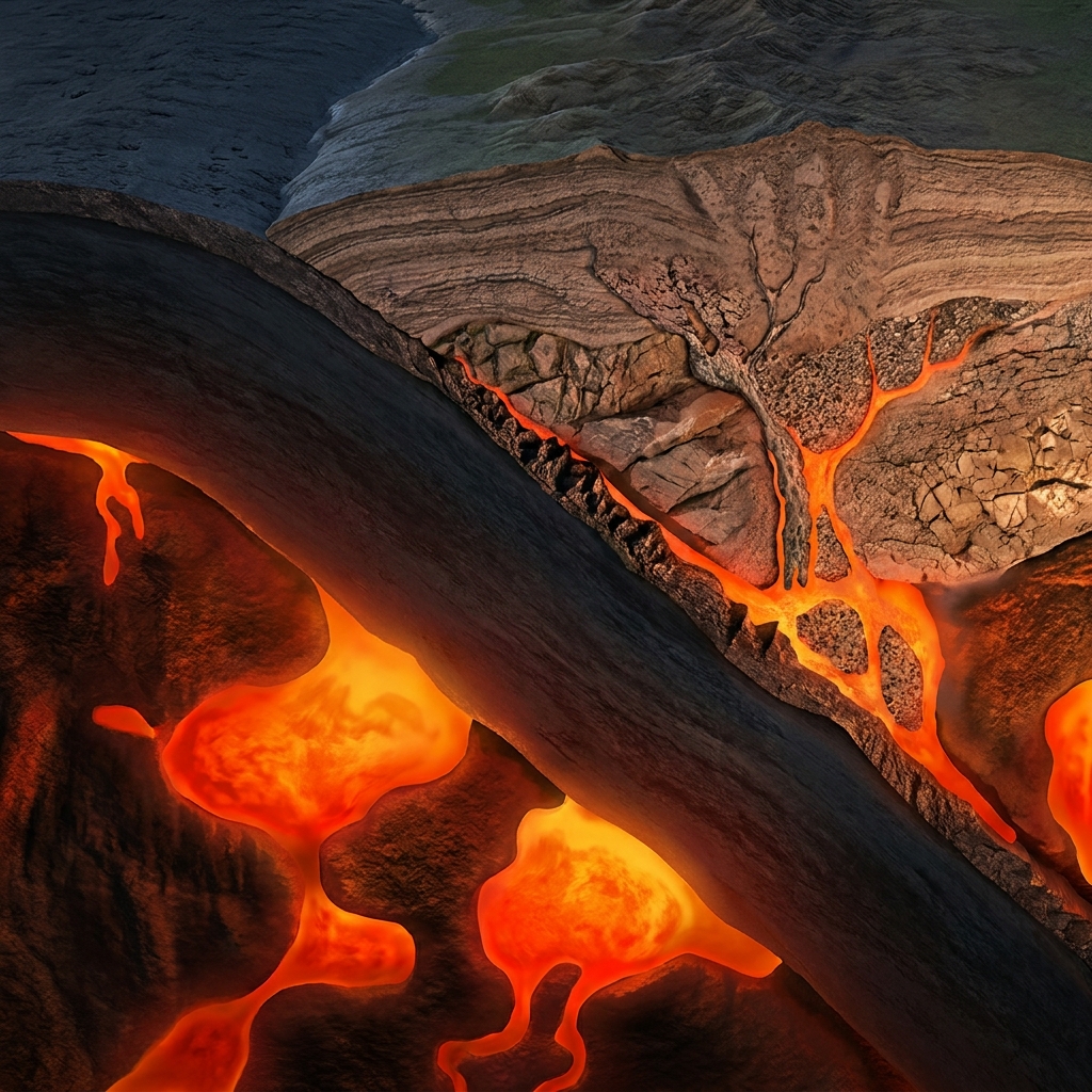 Example one is a subduction zone. Here, one tectonic plate slides under another. The intense heat melts the rock into magma.