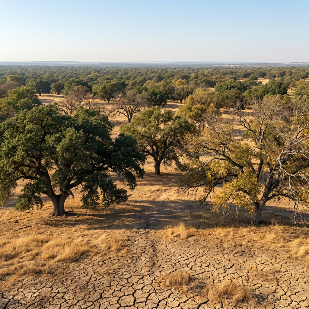 We are observing how 20 years of changing rainfall affects oak trees. Some areas have less rain, and the model calculates.