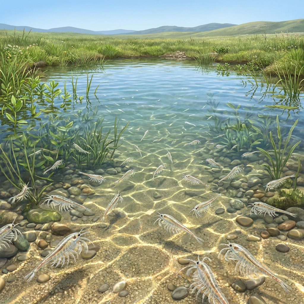 A healthy vernal pool is filled with water and supports many fairy shrimp. When a drought occurs, the pool dries up.