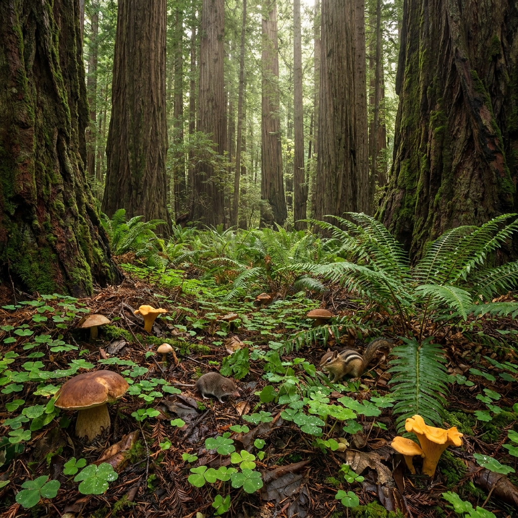 In a redwood forest, the giant trees provide a stable canopy. This canopy creates a cool, damp floor that supports ferns and.