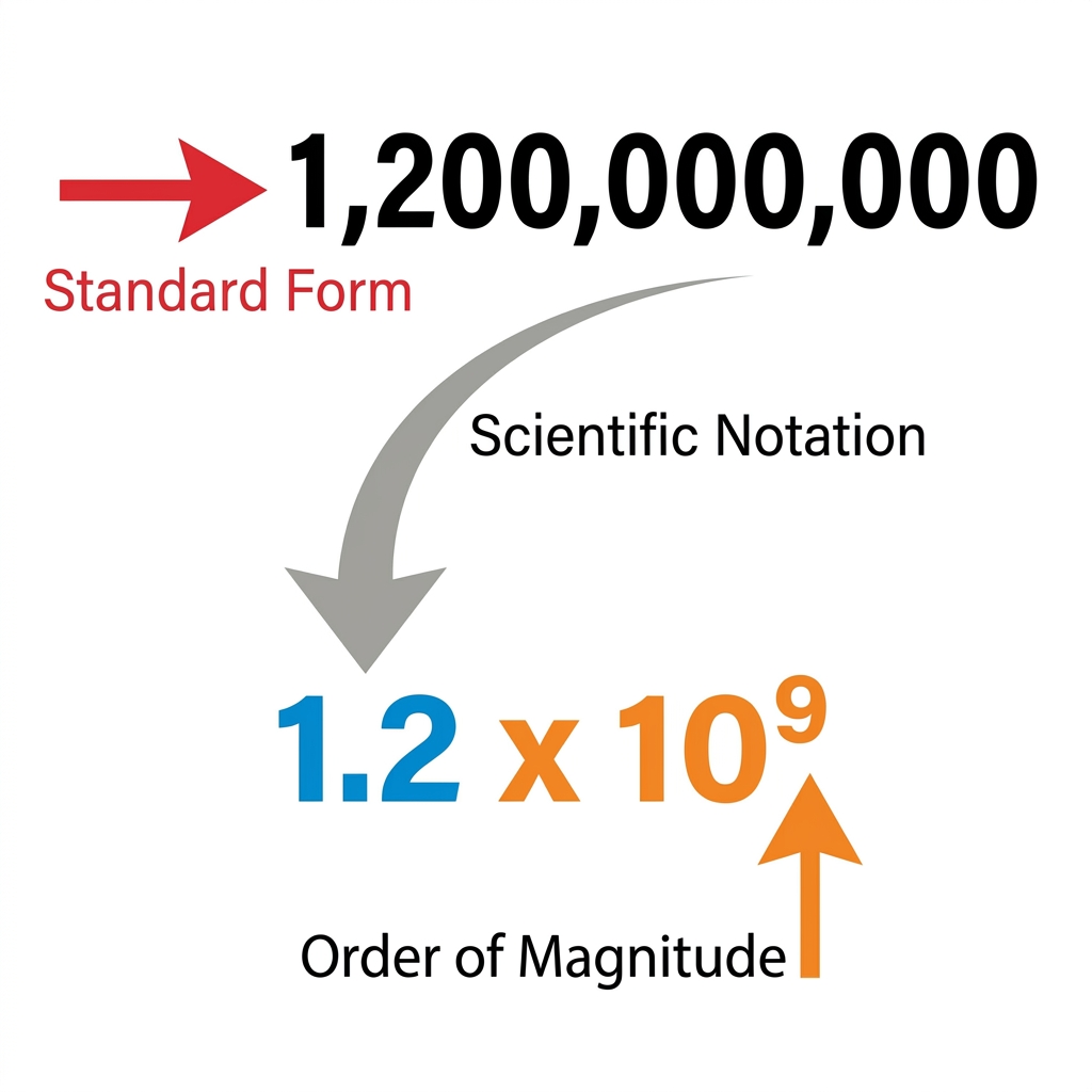 Scientific notation uses a single digit multiplied by a power of 10. The exponent in this power of 10 represents the order.