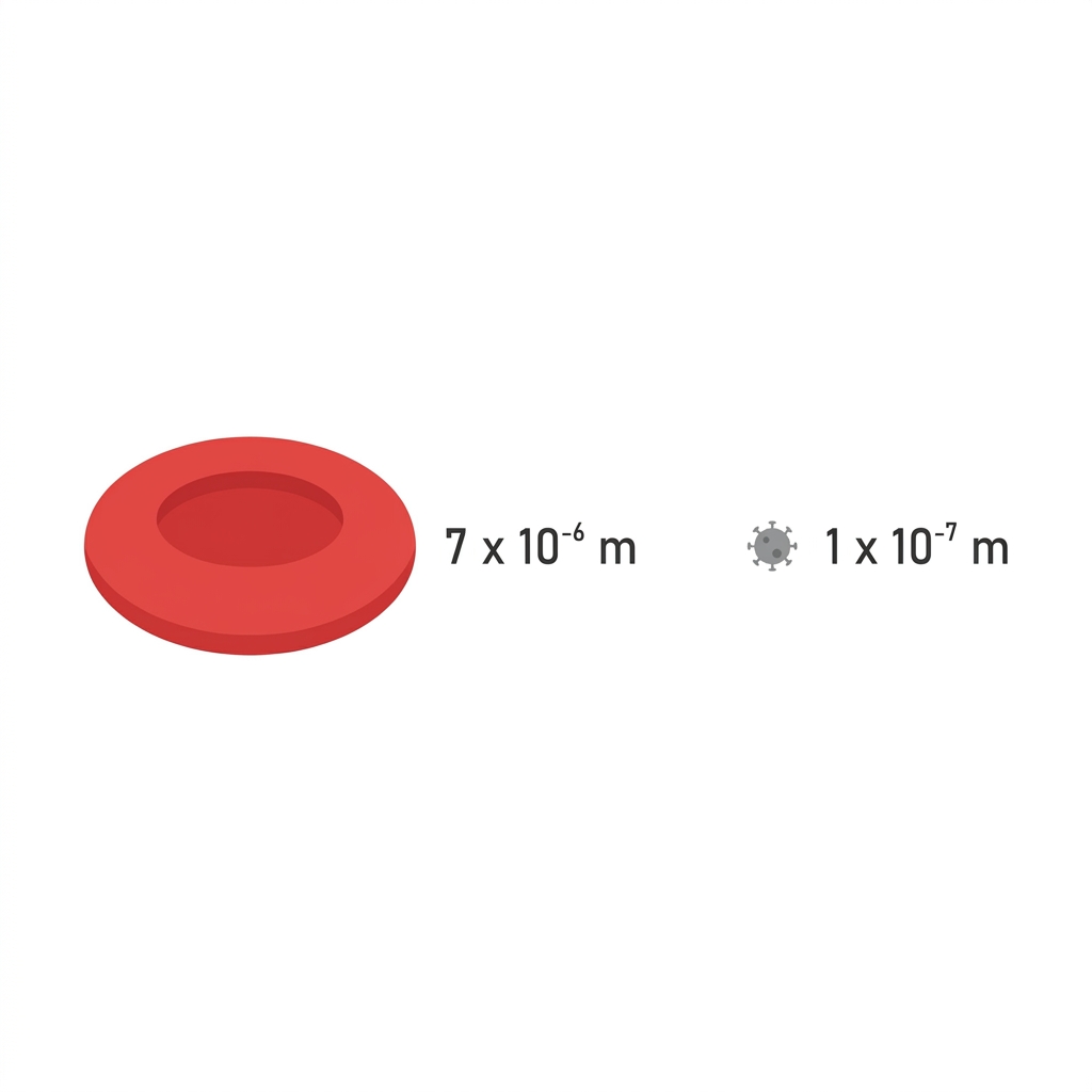 A red blood cell is 7 times 10 to the power of negative 6 meters, and a virus is 1 times 10 to the power of negative 7.
