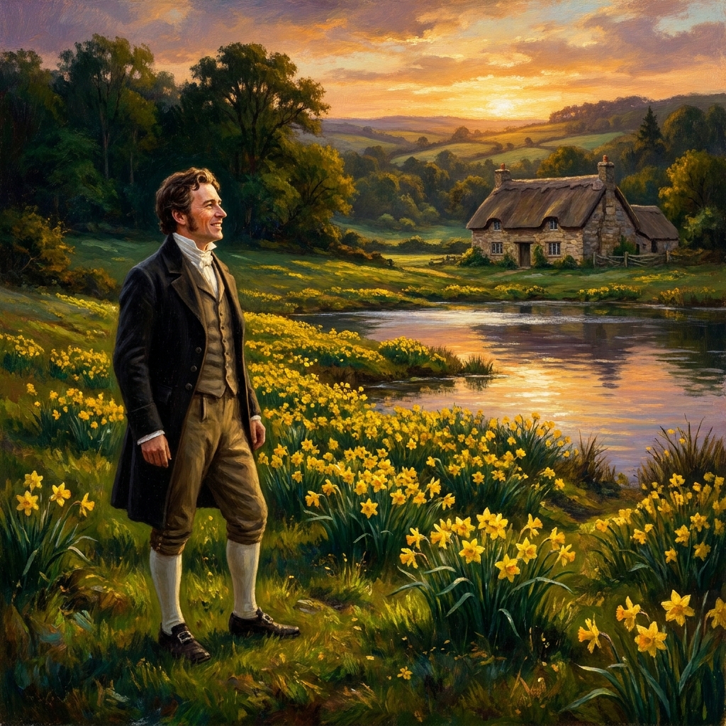 William Wordsworth is a key Romantic poet. In his work, he describes the beauty of daffodils near a lake, focusing on how.