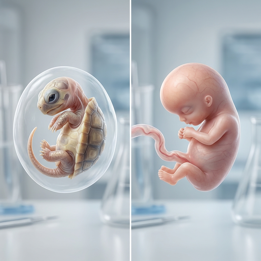 Consider the embryos of a tortoise and a human. At an early stage, both have a visible tail structure. Even though humans do.