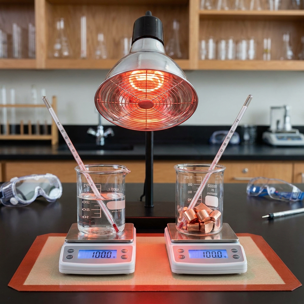 In a lab, if we take equal masses of copper and water and place them under a heat lamp, the copper will heat up much faster.