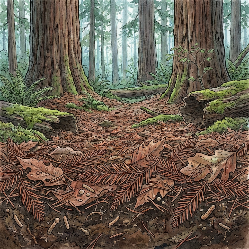 In the redwood forest, leaves fall to the ground. Oxygen is plentiful here. The bacteria perform cellular respiration to.