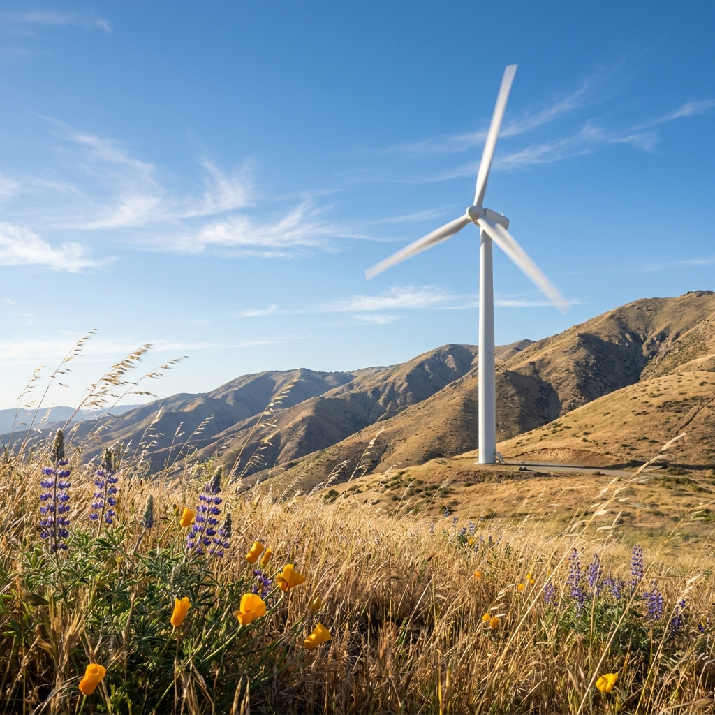 In California mountain passes, wind pushes against the blades of a wind turbine. The wind is moving and has kinetic energy.